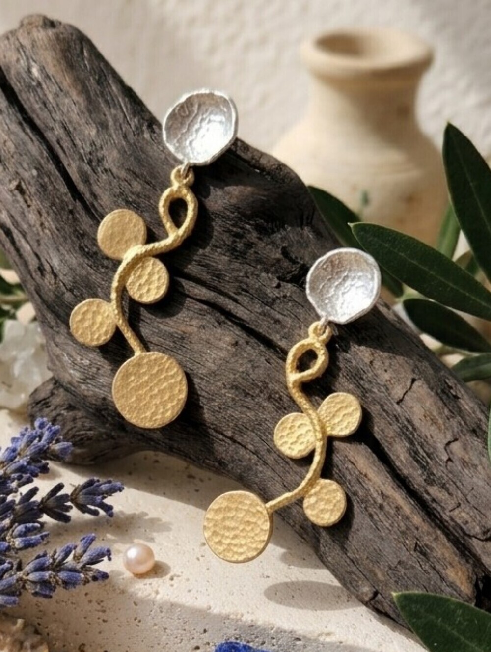 18K Gold Plated Brass Turkish Two Tone Hammered Vine Drop Earrings 3"